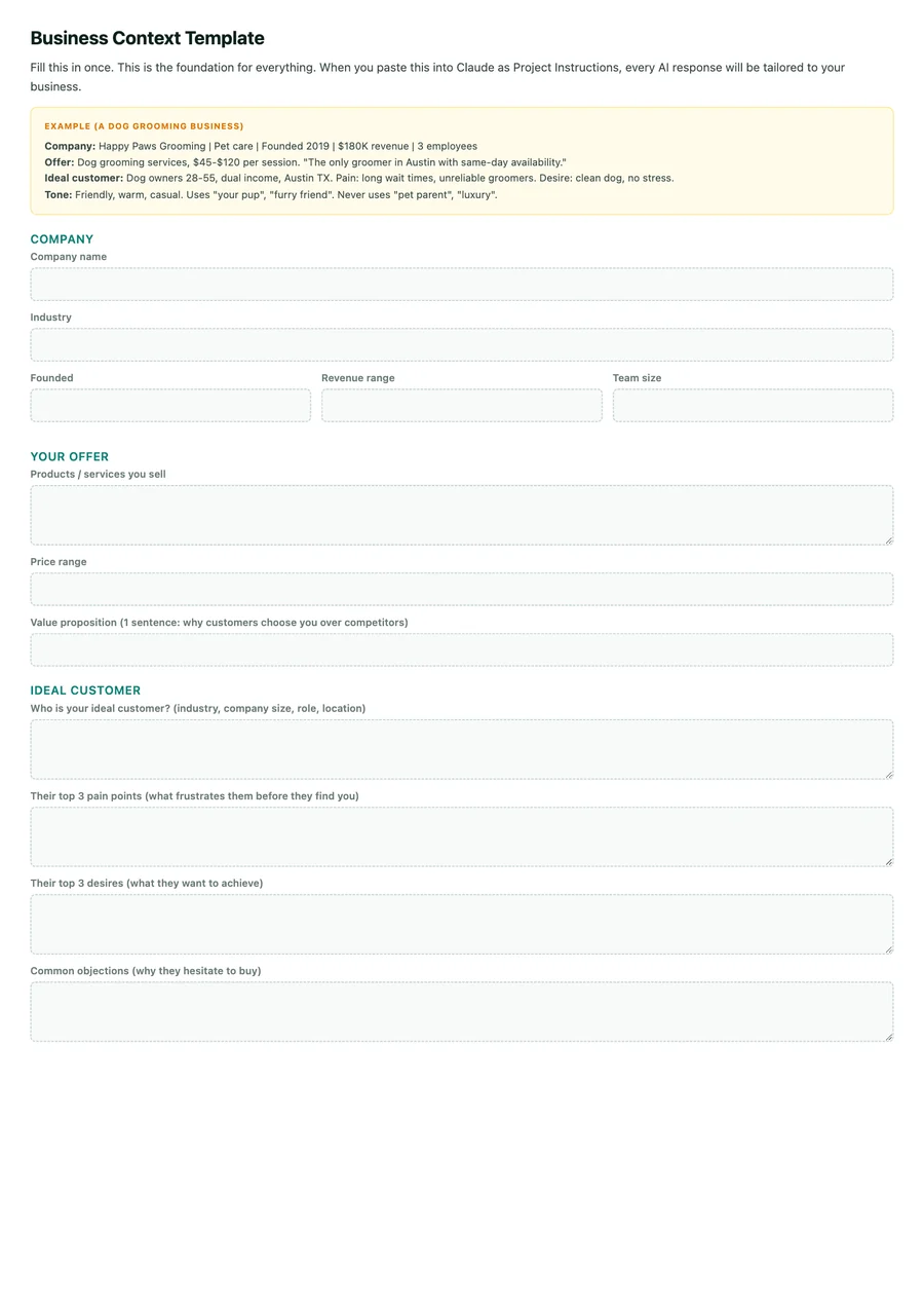 The business context template from the workbook