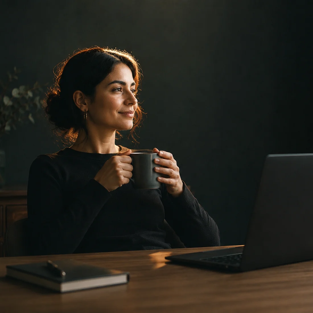 The same founder, relaxed at a clear desk with a mug