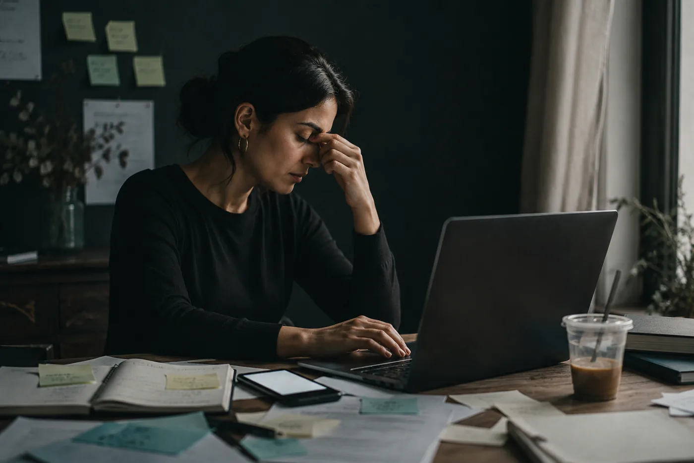 A founder at her desk, overwhelmed by scattered notes and repeated tasks